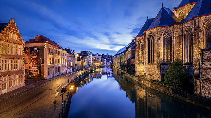 reflection, waterway, sky, belgium, europe, ghent, city, canal, HD wallpaper