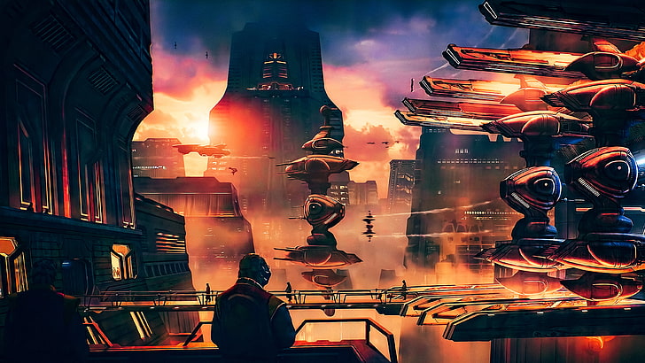 futuristic turrets digital wallpaper, artwork, digital art, science fiction