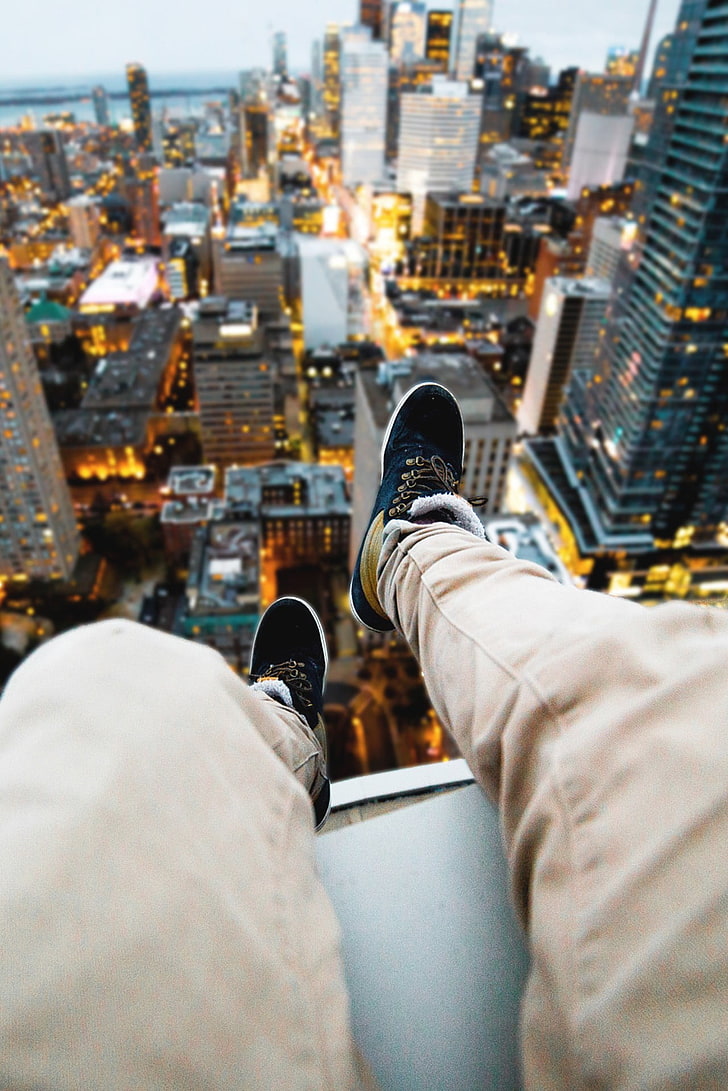 beige pants, people, legs, cityscape, shoes, rooftopping, human body part