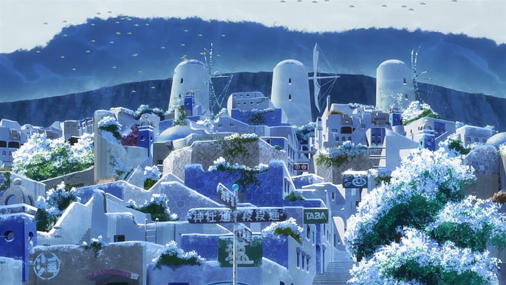 purple and blue village, Nagi no Asukara, anime, cityscape, architecture