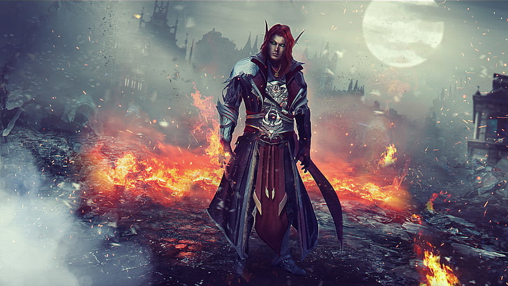 red haired character illustration, fire, elf, MAG, male, ruins, HD wallpaper