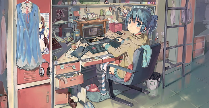 blue-haired woman illustration, Vocaloid, anime girls, Hatsune Miku