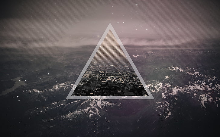 triangle logo wallpaper, geometry, photo manipulation, mountains
