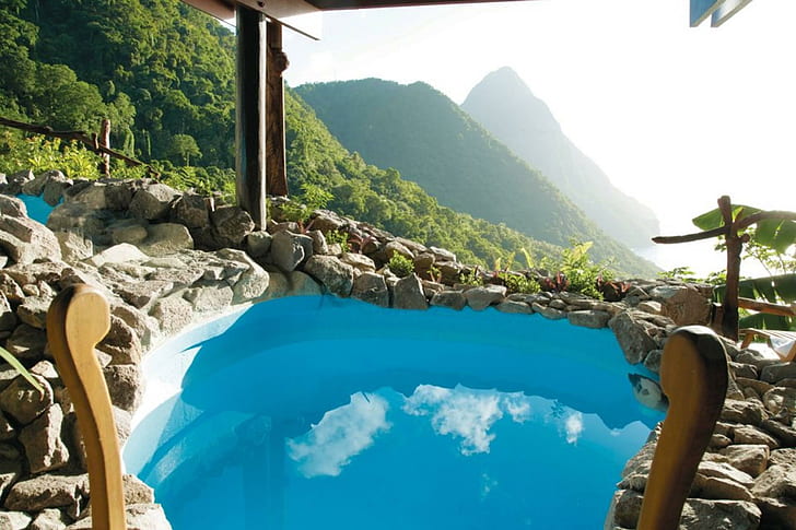 View Out From Ladera Spa In St Lucia Caribbean, picture of hot tub and mountains, HD wallpaper