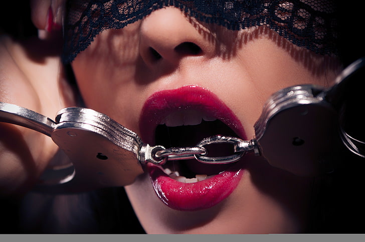 gray steel handcuffs, lips, teeth, metal handcuffs, one person, HD wallpaper