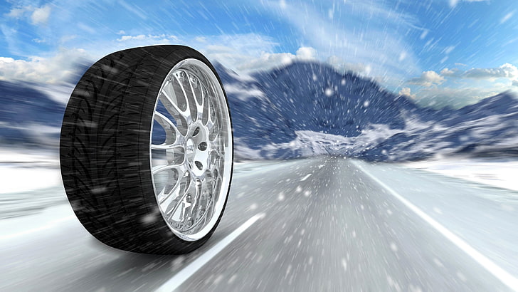 gray vehicle tire with tire, mountains, abstraction, markup, winter