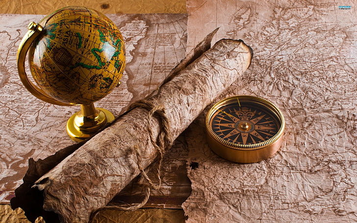 yellow and green desk globe, map, table, travel, cartography