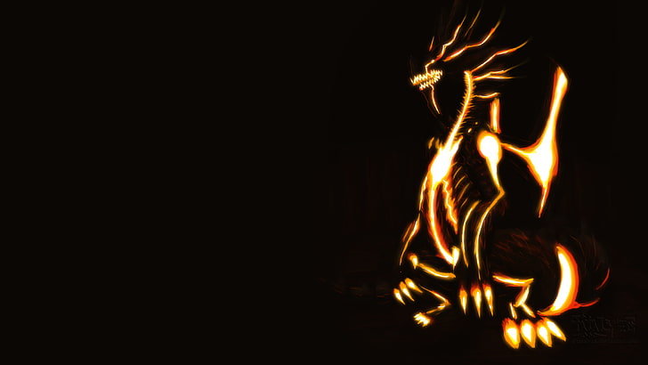 dragon, fire, Flame Painter, copy space, black background, illuminated