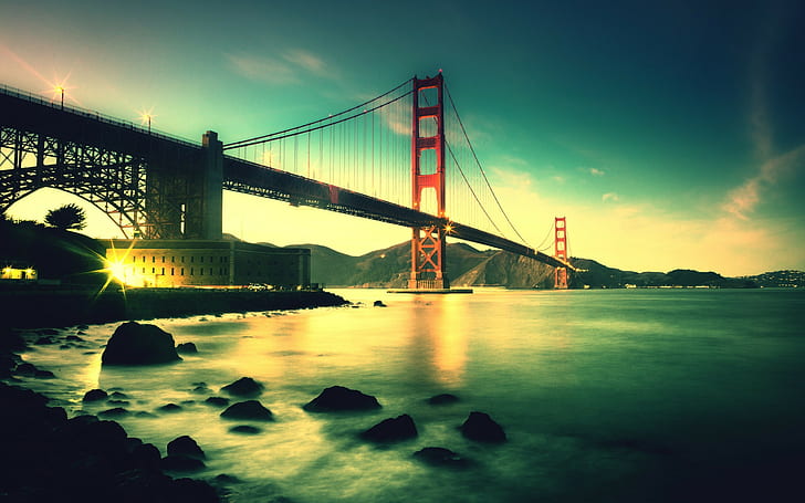San Francisco, Bay Bridge, sky, lights, clouds, California, United States