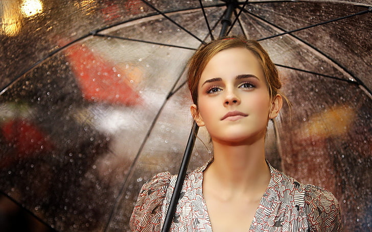 Emma Watson, brunette, umbrella, actress, rain, celebrity, women, HD wallpaper