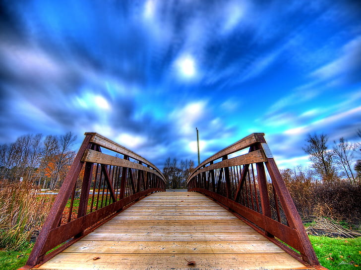 brown wooden bridge timelapse photography, forward, trees, sky