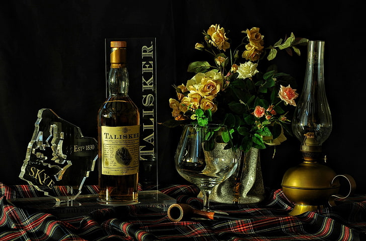 alcohol, flowers, bottles, still life, Scotch, whisky, Skye