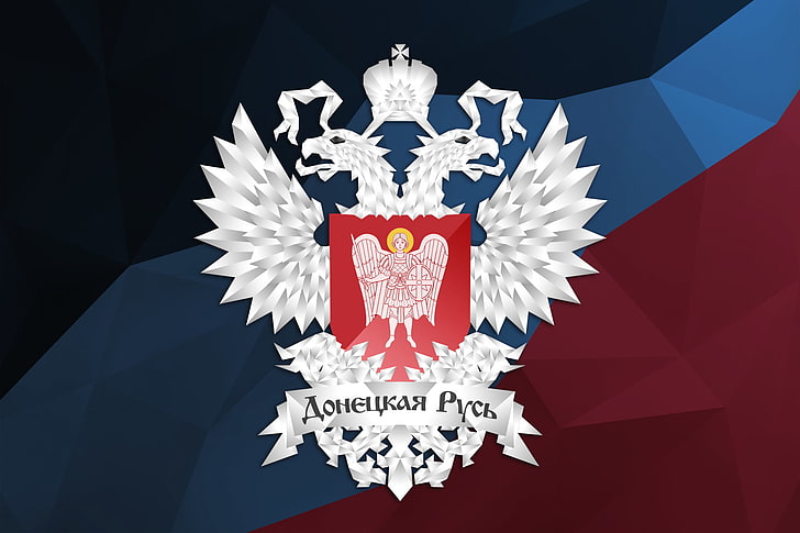 white and red bird icon, eagle, flag, shield, Donetsk, Donbass