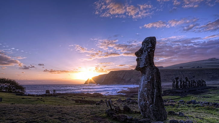 nature sunset landscape statue moai easter island, sky, sea