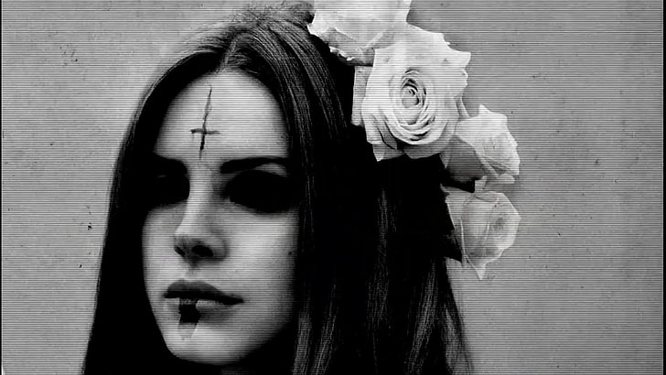 grayscale photo of woman, Gothic, Lana Del Rey, inverted cross