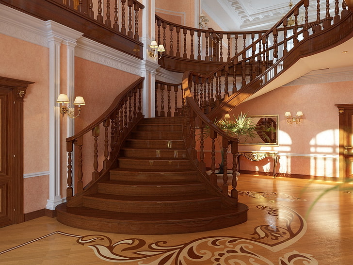 brown wooden staircase, room, passageway, design, interior, architecture, HD wallpaper