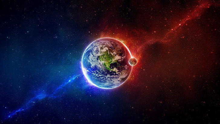 Earth and moon wallpaper, space, abstract, colorful, planet, universe