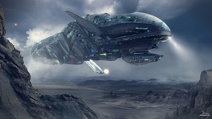 gray alien warship, artwork, futuristic, science fiction, spaceship, HD wallpaper