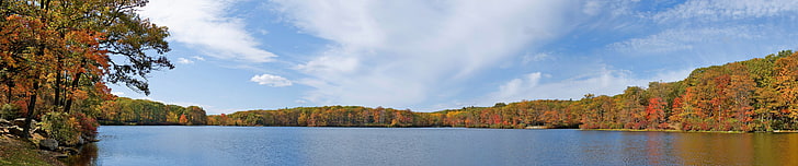 triple screen, landscape, wide angle, lake, forest, fall, red leaves, HD wallpaper