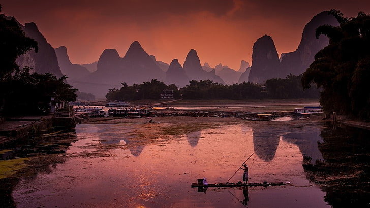 china, reflection, li river, sky, dawn, morning, water, guangxi