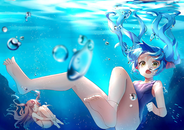 blue-haired female anime character underwater digital wallpaper
