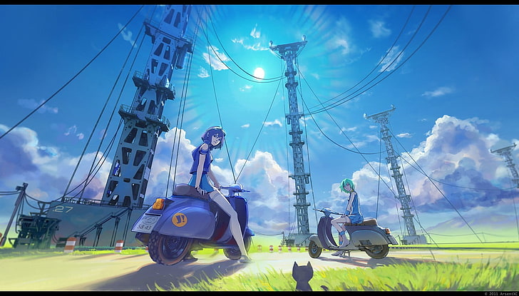 anime, FLCL, mode of transportation, cloud - sky, cable, electricity