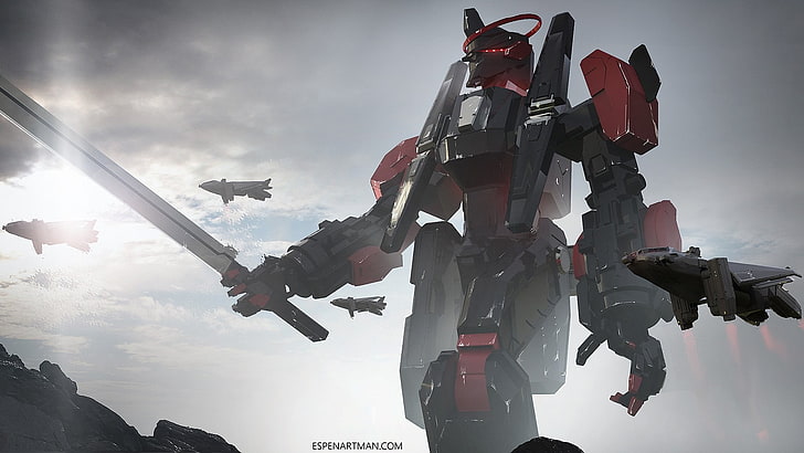 black and red robot wallpaper, sword, mech, sky, nature, military