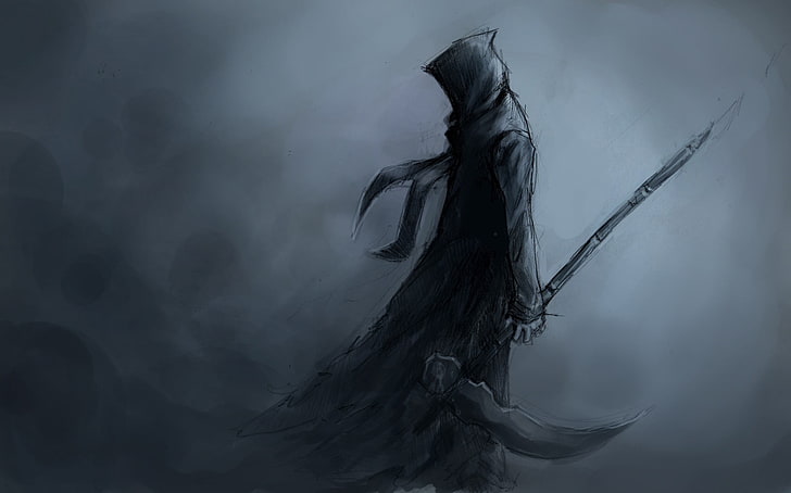 grim reaper digital painting, dark, warrior, hoods, sword, death