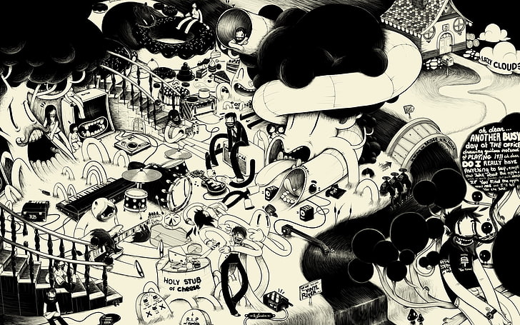 black and white doodle artwork, McBess, monochrome, psychedelic, HD wallpaper