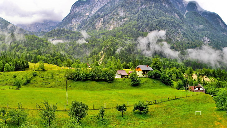 bovec, mountain village, grassland, mountainous landforms, highland, HD wallpaper