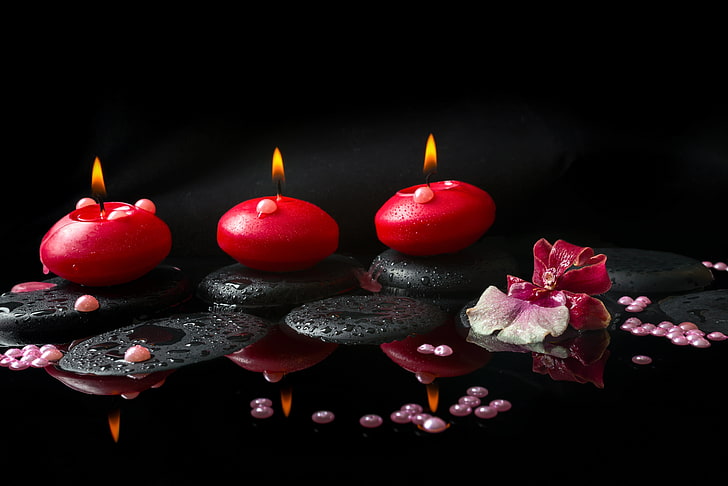 three red votive candles, flower, water, Orchid, pearls, Spa stones, HD wallpaper