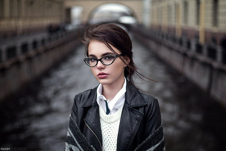 women with glasses, nerds, looking at viewer, Maxim Guselnikov, HD wallpaper