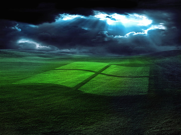 In Storm Windows XP, windows logo, Computers, green, grass, cloud - sky, HD wallpaper