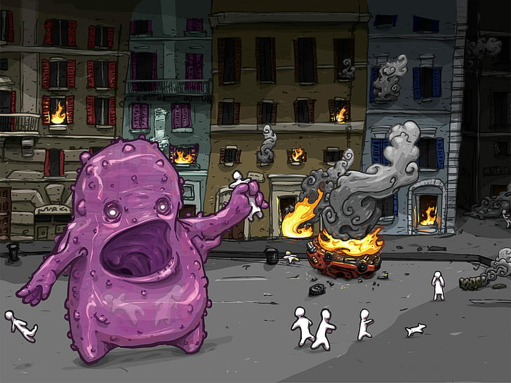 comics, artwork, Blob (character), fire, burning, street, creature, HD wallpaper
