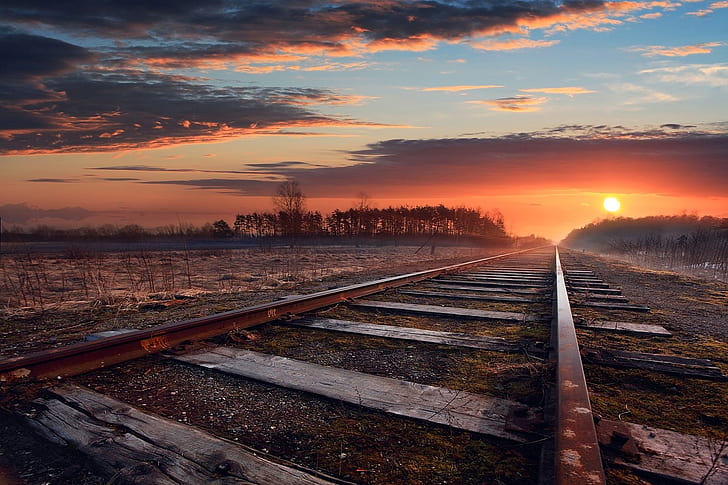 rust, sunset, railway, fall, clouds, HD wallpaper