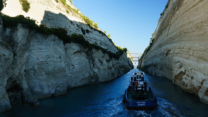 water, rocks, tug boats, ship, Greece, sky, blue, sand, cliff