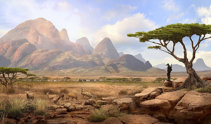 mountains, traveler, Solomon Kane, Africa Landscape, savannah