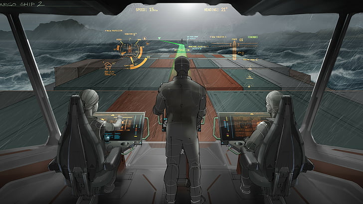 cargo ship envisioning, 2025, future, illustration, bridge