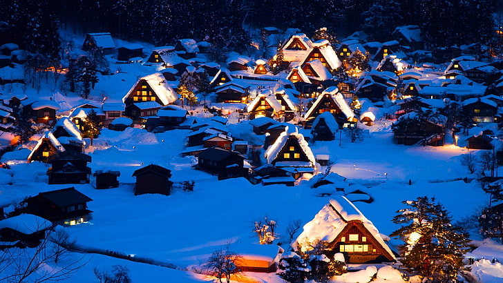 high-angle photography of pre-lit houses, snow, winter, village