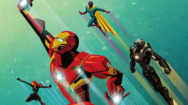 Marvel Iron-Man, War Machine, Vision, and Black Widow illustration, HD wallpaper