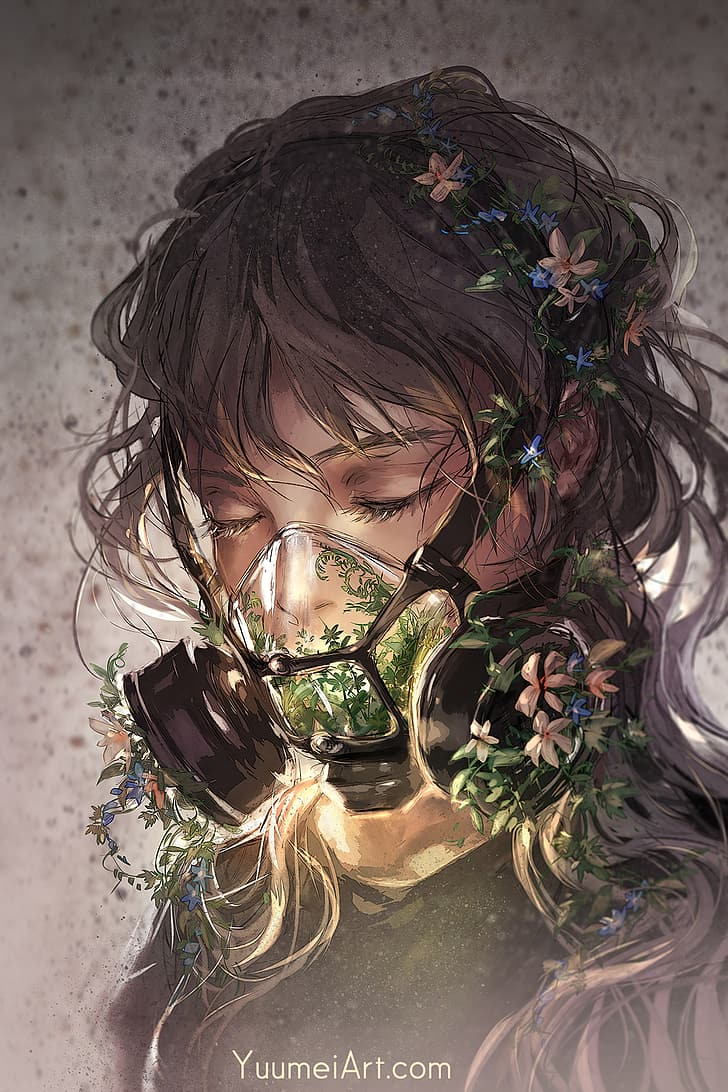 Yuumei, drawing, women, brunette, mask, overgrown, flowers, HD wallpaper