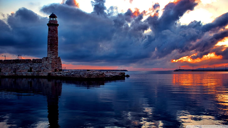 lighthouse, sunset, sky, coast, bay, cloudy