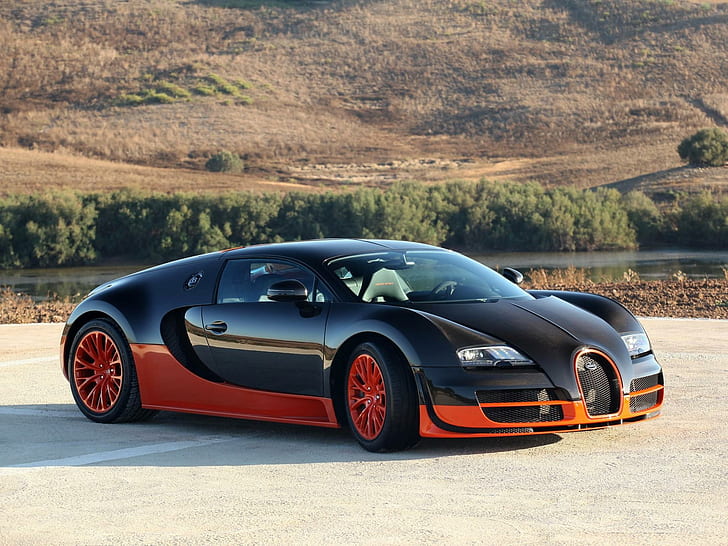 Bugatti Veyron Super Sport, black and orange bugatti sports car, HD wallpaper