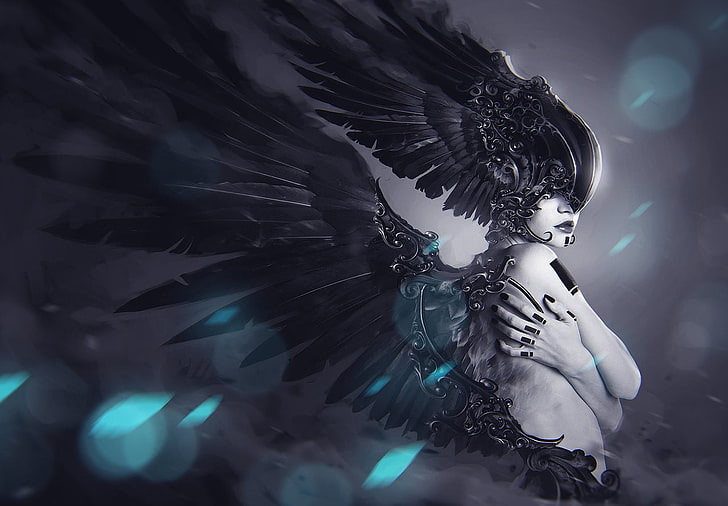 woman character with black wing, valkyries, wings, fantasy art