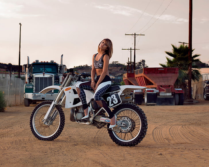 black and white motocross dirt bike, motorcycle, photoshoot, Vanessa Hudgens, HD wallpaper