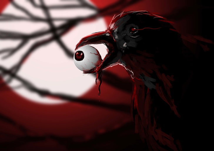 crow eating eye wallpaper, eyes, bird, blood, art, Raven, eyeball, HD wallpaper