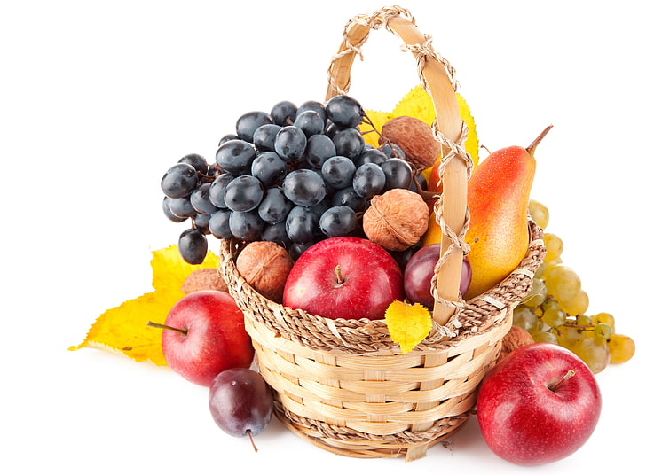 assorted-color fruits with basket, ripe, grape, autumn, food