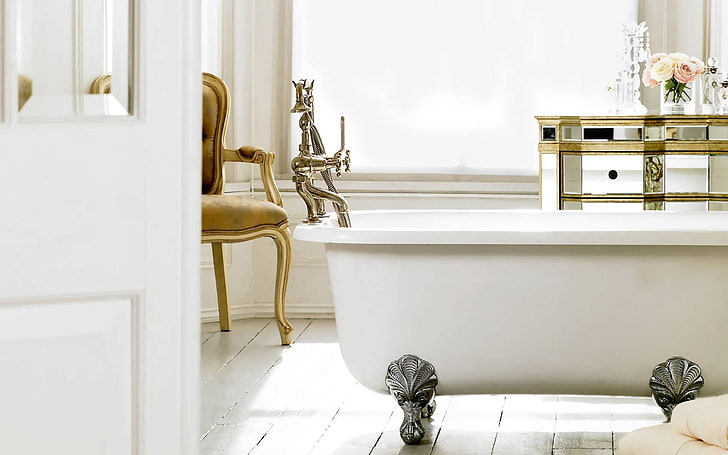white bath tub, bathroom, furniture, style, comfort, beautiful interior, HD wallpaper