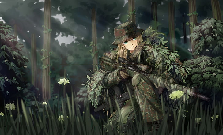 anime, Anime Girls, camouflage, fantasy Art, forest, Ghillie Suit, HD wallpaper