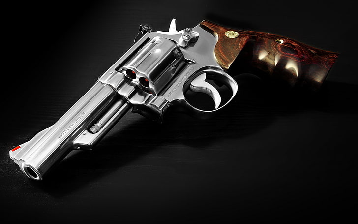 grey and brown revolver pistol, weapons, background, S&amp;W